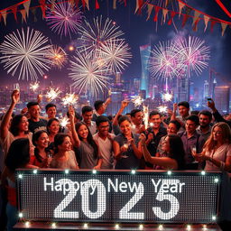 A visually striking New Year's celebration scene for 2025, featuring a vibrant fireworks display lighting up the night sky over a bustling city skyline