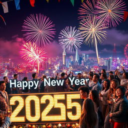 A visually striking New Year's celebration scene for 2025, featuring a vibrant fireworks display lighting up the night sky over a bustling city skyline