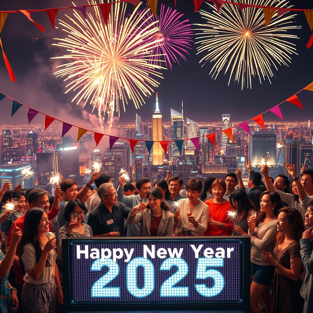 A visually striking New Year's celebration scene for 2025, featuring a vibrant fireworks display lighting up the night sky over a bustling city skyline