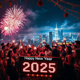 A visually striking New Year's celebration scene for 2025, featuring a vibrant fireworks display lighting up the night sky over a bustling city skyline