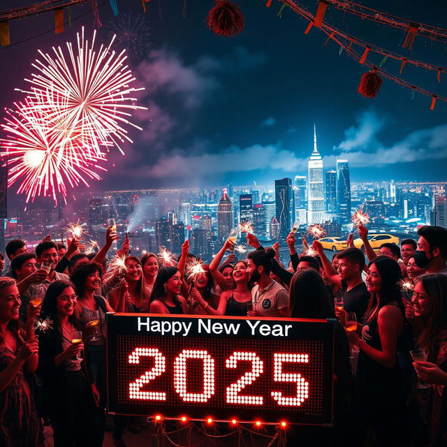 A visually striking New Year's celebration scene for 2025, featuring a vibrant fireworks display lighting up the night sky over a bustling city skyline