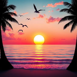 A captivating scene featuring a colorful and vibrant sunset over a calm ocean