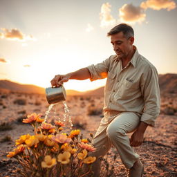 A man pouring water onto flowers in an arid desert landscape