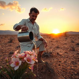 A man pouring water onto flowers in an arid desert landscape