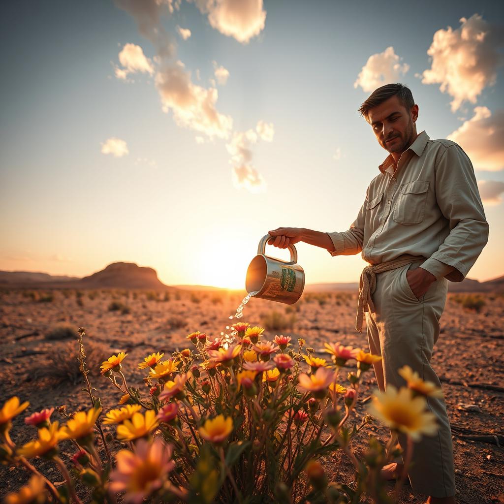 A man pouring water onto flowers in an arid desert landscape