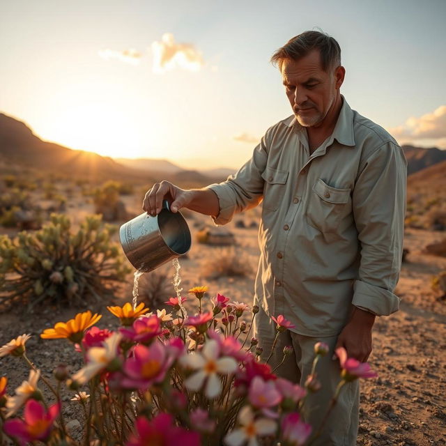 A man pouring water onto flowers in an arid desert landscape