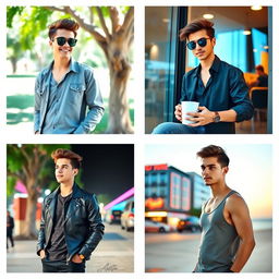 A series of four images featuring a handsome young man