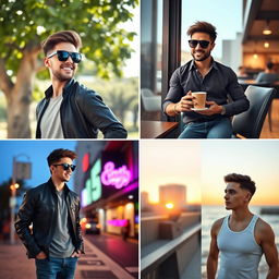 A series of four images featuring a handsome young man