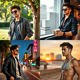 A series of four images featuring a handsome young man