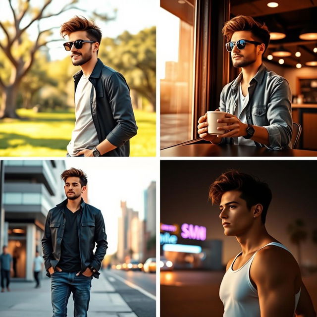 A series of four images featuring a handsome young man