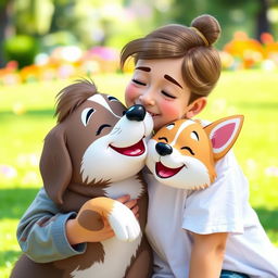 A whimsical and playful scene depicting a person affectionately kissing a friendly and cute animal, such as a dog or a cat