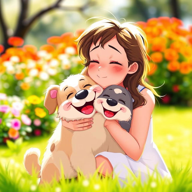 A whimsical and playful scene depicting a person affectionately kissing a friendly and cute animal, such as a dog or a cat