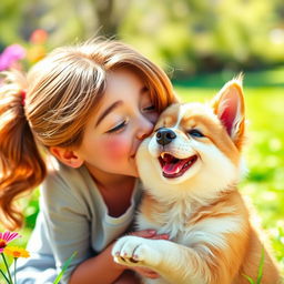 A whimsical and playful scene depicting a person affectionately kissing a friendly and cute animal, such as a dog or a cat