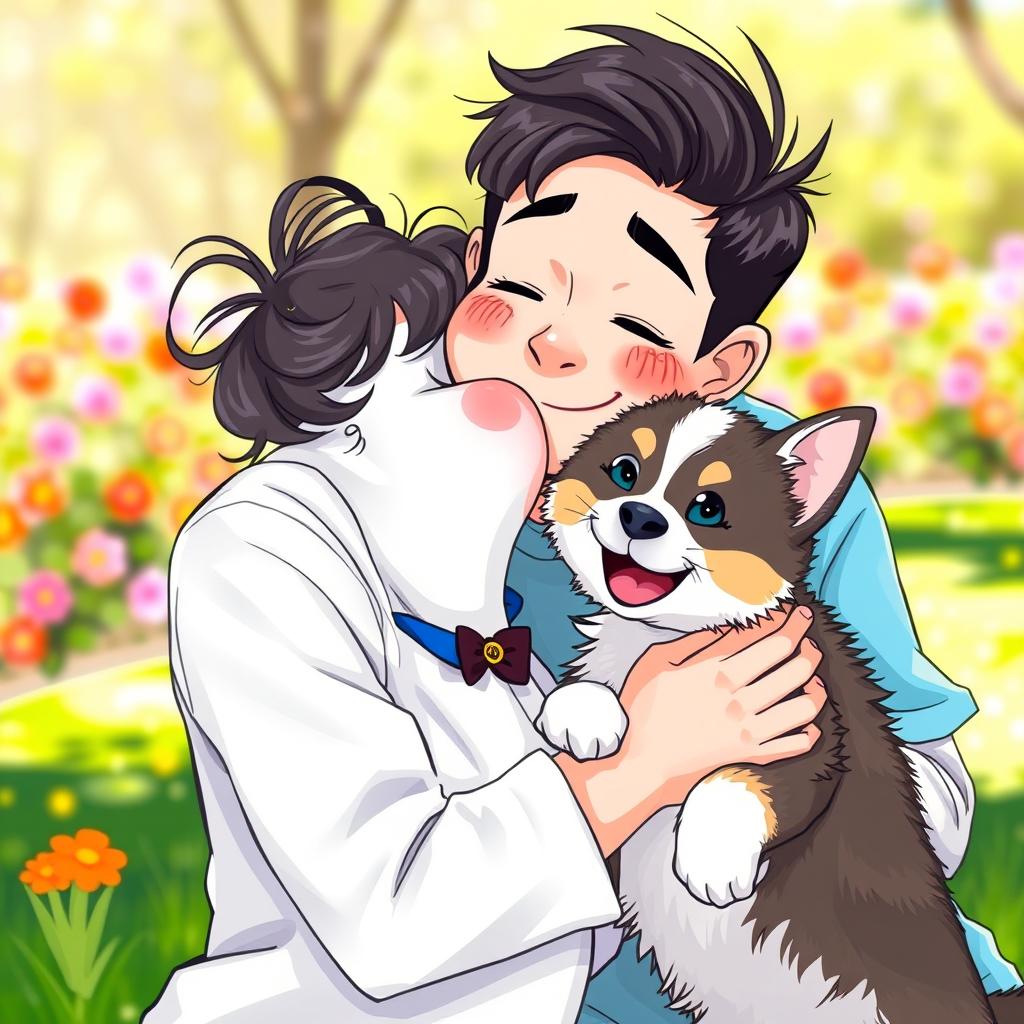 A whimsical and playful scene depicting a person affectionately kissing a friendly and cute animal, such as a dog or a cat