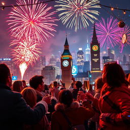 A vibrant New Year celebration at midnight, featuring a breathtaking city skyline lit by fireworks