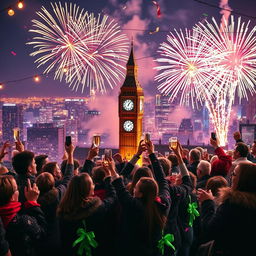 A vibrant New Year celebration at midnight, featuring a breathtaking city skyline lit by fireworks