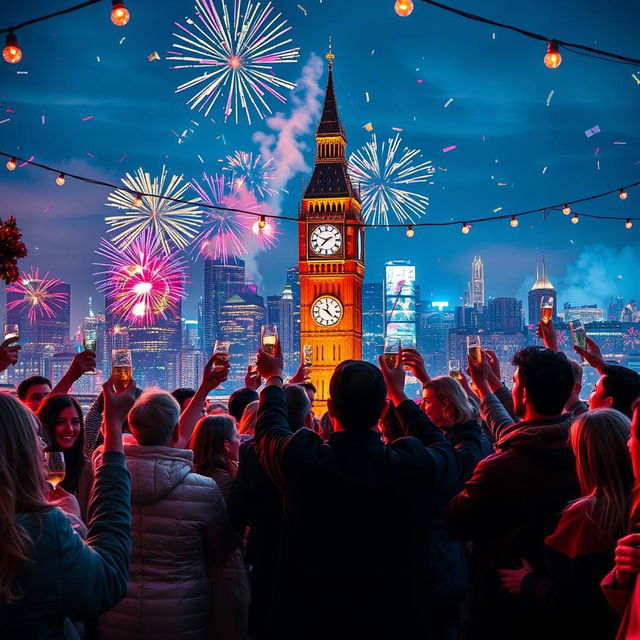 A vibrant New Year celebration at midnight, featuring a breathtaking city skyline lit by fireworks