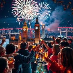 A vibrant New Year celebration at midnight, featuring a breathtaking city skyline lit by fireworks