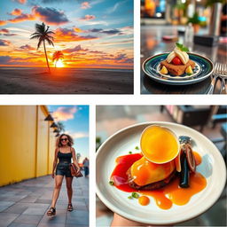 A stunning collection of vibrant, eye-catching photos perfect for social media, featuring a variety of scenes such as a beautiful sunset on a beach with palm trees silhouetted against a colorful sky, a close-up of delicious gourmet food artfully presented on a plate, and a stylish urban street scene with fashionable people and striking graffiti art