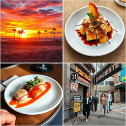 A stunning collection of vibrant, eye-catching photos perfect for social media, featuring a variety of scenes such as a beautiful sunset on a beach with palm trees silhouetted against a colorful sky, a close-up of delicious gourmet food artfully presented on a plate, and a stylish urban street scene with fashionable people and striking graffiti art