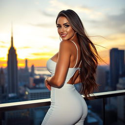 A sexy woman in a stunning outfit, posing confidently