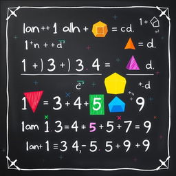 A visually captivating artwork representing an arithmetic sequence in mathematics, featuring numbers and geometric shapes arranged in a progressive pattern