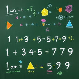 A visually captivating artwork representing an arithmetic sequence in mathematics, featuring numbers and geometric shapes arranged in a progressive pattern