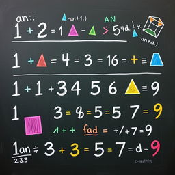 A visually captivating artwork representing an arithmetic sequence in mathematics, featuring numbers and geometric shapes arranged in a progressive pattern