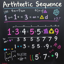 A visually captivating artwork representing an arithmetic sequence in mathematics, featuring numbers and geometric shapes arranged in a progressive pattern