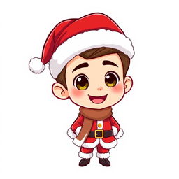 A chibi cartoon of a handsome young man cheerfully dressed in a Santa Claus outfit, complete with a fluffy white trim and a classic red hat