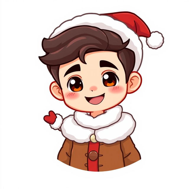 A chibi cartoon of a handsome young man cheerfully dressed in a Santa Claus outfit, complete with a fluffy white trim and a classic red hat