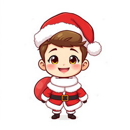 A chibi cartoon of a handsome young man cheerfully dressed in a Santa Claus outfit, complete with a fluffy white trim and a classic red hat