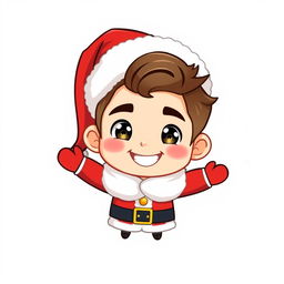 A chibi cartoon of a handsome young man cheerfully dressed in a Santa Claus outfit, complete with a fluffy white trim and a classic red hat