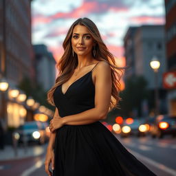A stunning portrait of a confident woman standing on a city street at dusk, wearing an elegant black evening gown that gracefully flows to the ground