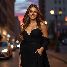 A stunning portrait of a confident woman standing on a city street at dusk, wearing an elegant black evening gown that gracefully flows to the ground