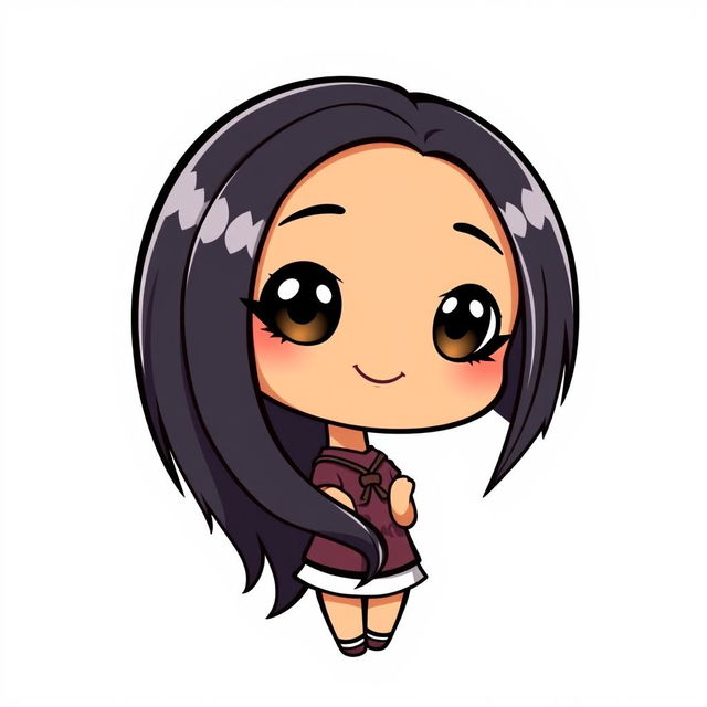 A chibi cartoon character of a girl with long, straight black hair and a tan face, featuring oversized expressive eyes and a cute, cheerful smile