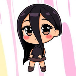 A chibi cartoon character of a girl with long, straight black hair and a tan face, featuring oversized expressive eyes and a cute, cheerful smile