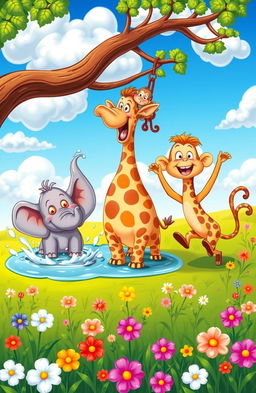 A colorful and whimsical scene depicting a group of silly cartoon animals engaging in playful antics
