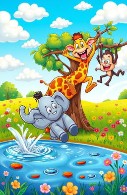 A colorful and whimsical scene depicting a group of silly cartoon animals engaging in playful antics