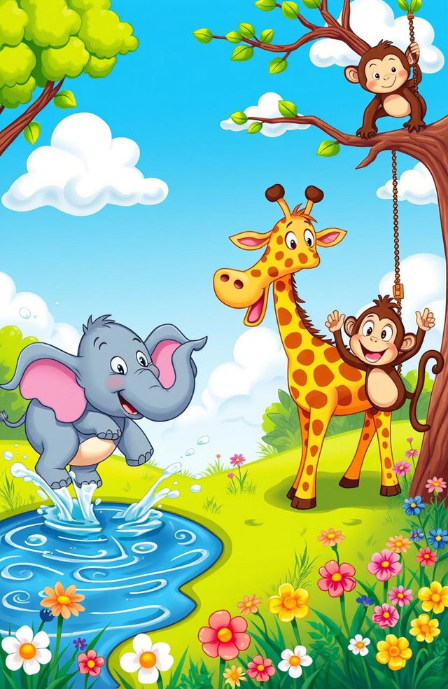 A colorful and whimsical scene depicting a group of silly cartoon animals engaging in playful antics