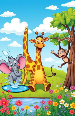 A colorful and whimsical scene depicting a group of silly cartoon animals engaging in playful antics