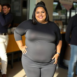 A plus-sized woman dressed entirely in black clothing, featuring a slightly curved posture that creates a horizontal line across her midsection, resembling a soft roll of fat