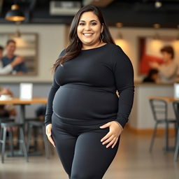 A plus-sized woman dressed entirely in black clothing, featuring a slightly curved posture that creates a horizontal line across her midsection, resembling a soft roll of fat
