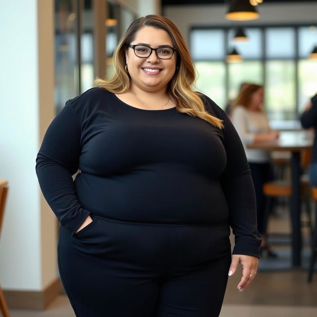 A plus-sized woman dressed entirely in black clothing, featuring a slightly curved posture that creates a horizontal line across her midsection, resembling a soft roll of fat