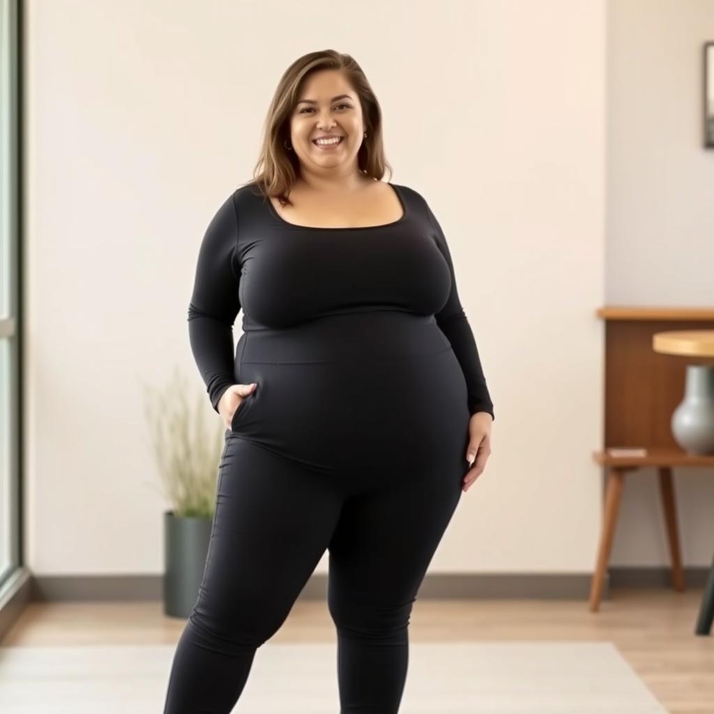 A plus-sized woman dressed entirely in black clothing, featuring a slightly curved posture that creates a horizontal line across her midsection, resembling a soft roll of fat