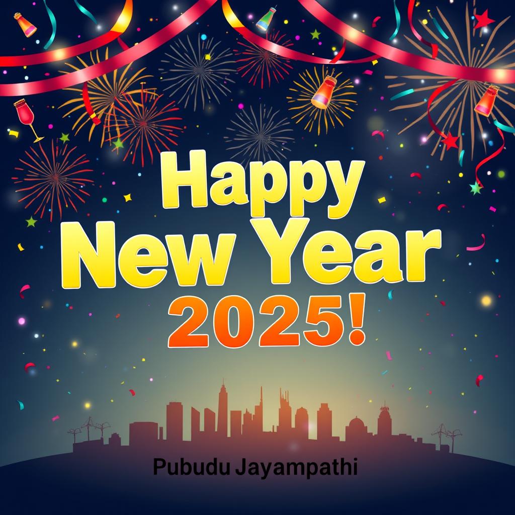 A creative and vibrant New Year 2025 greeting card designed for Pubudu Jayampathi