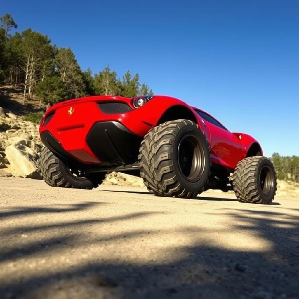 A striking red Ferrari sports car modified with massive 37-inch swamper tires, positioned in an outdoor environment that showcases its ruggedness