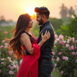A romantic scene featuring a couple named Kushbo and Aman, embracing in a beautiful outdoor setting