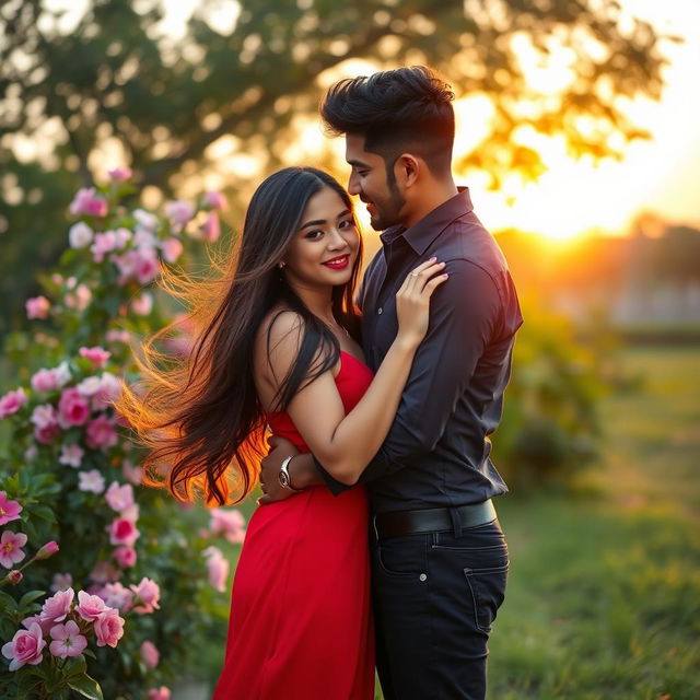 A romantic scene featuring a couple named Kushbo and Aman, embracing in a beautiful outdoor setting