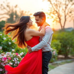A romantic scene featuring a couple named Kushbo and Aman, embracing in a beautiful outdoor setting